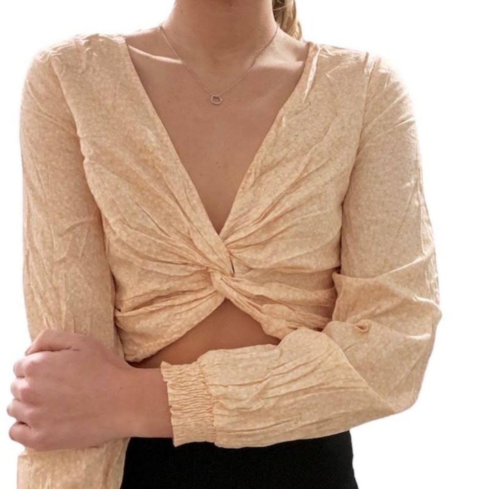 peach floral print twist front top